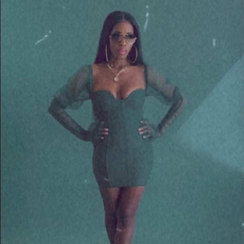 Emerald Mesh-Sleeve Corset Mini Dress | Luxe Holiday / NYE / Party Dress –Size M - Picture 6 of 16